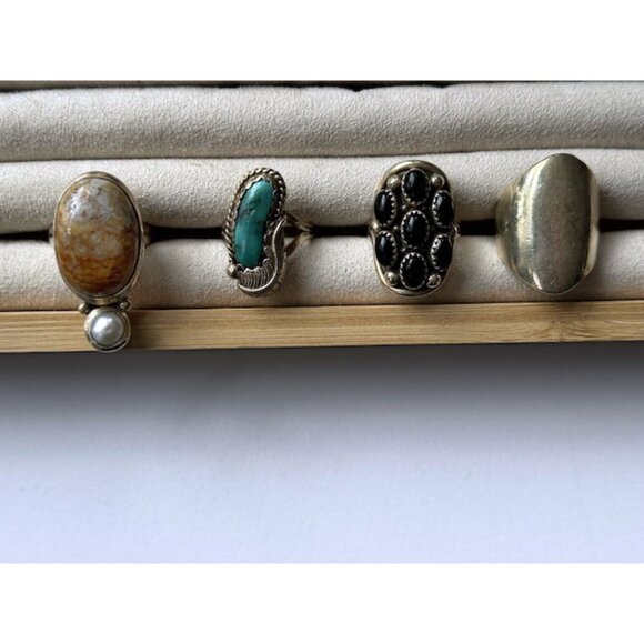 Vintage Sterling Silver Ring Lot — Turquoise, Onyx, Jasper, Modernist 4pc Bundle - Picture 1 of 15